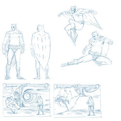  1boy cape commentary concept_art fighting_game full_body line_art mahito_(tranjistor) male_focus monochrome nite_owl simple_background standing superhero_costume topless_male watchmen white_background 