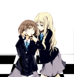  2girls bad_id bad_pixiv_id blonde_hair brown_eyes brown_hair commentary_request hafuri hair_ornament hairclip hirasawa_yui k-on! kotobuki_tsumugi long_hair multiple_girls photoshop_(medium) sakuragaoka_high_school_uniform school_uniform short_hair winter_uniform yuri 