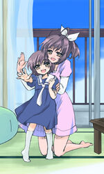  2girls bad_id bad_pixiv_id barefoot brown_eyes brown_hair clannad dango_daikazoku dress furukawa_nagisa happy kneeling mother_and_daughter multiple_girls okazaki_ushio ponytail sailor_dress school_uniform smile tatami waving yuzuki_kisa 