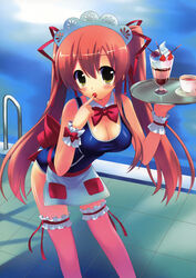  absurdres ashford_academy_swimsuit blue_one-piece_swimsuit blush bow bowtie breasts cherry cleavage code_geass female food frilled_thighhighs frills fruit green_eyes highres holding holding_tray ice_cream kiba_satoshi large_breasts long_hair looking_at_viewer one-piece_swimsuit pink_thighhighs red_hair shirley_fenette solo sundae swimsuit thighhighs tray twintails waitress wrist_cuffs 