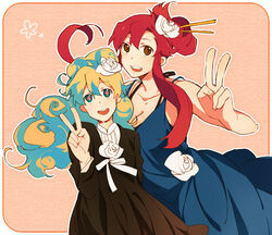  2girls black_dress blue_dress breasts cleavage commentary_request cross-shaped_pupils dress flower hair_flower hair_ornament looking_at_viewer luo_zi multicolored_hair multiple_girls nia_teppelin photoshop_(medium) ponytail red_hair symbol-shaped_pupils tengen_toppa_gurren_lagann v yoko_littner 