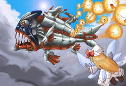  bad_link blonde_hair crossover darius_(series) darius_gaiden female fish hat julius_pringles kedama_(touhou) lily_white mecha non-humanoid_robot photoshop_(medium) pringles robot robot_animal robot_fish science_fiction spacecraft storm_causer touhou vu_(oyavun) wings 