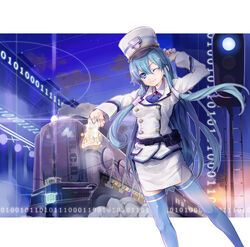  bad_id bad_pixiv_id binary blue_eyes blue_hair blush female hat locomotive long_hair one_eye_closed original pencil_skirt photoshop_(medium) shako_cap skirt smile solo thighhighs ticket train train_attendant travel_attendant uniform yuugen zettai_ryouiki 