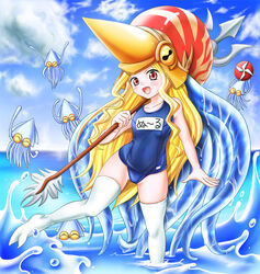  ^_^ bad_feet bare_shoulders blonde_hair blush capcom_fighting_jam closed_eyes cloud commentary_request day female fins flat_chest genderswap_(mtf) happy helm helmet leg_up long_hair midnight_bliss mollusc_shell nool ocean one-piece_swimsuit outdoors polearm red_eyes rule_63 school_swimsuit shell shimusu sky solo splashing squid standing standing_on_one_leg swimsuit tentacle thighhighs trident very_long_hair wading warzard water wavy_hair weapon wet white_thighhighs 