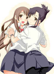  2girls bike_shorts black_hair brown_hair candy_boy date_(senpen) holding_hands interlocked_fingers long_hair looking_at_viewer looking_back multiple_girls necktie open_mouth red_necktie sakurai_kanade sakurai_yukino school_uniform siblings sisters 