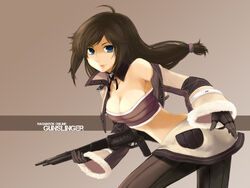  bad_id bad_pixiv_id blue_eyes breasts character_name cleavage copyright_name female gloves gun gunslinger_(ragnarok_online) large_breasts long_hair low-tied_long_hair meimone photoshop_(medium) ragnarok_online solo weapon 