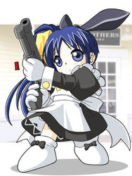  blue_eyes blue_hair chibi crossover female full_body gloves gun high_side_ponytail hoihoi-san ichigeki_sacchuu!!_hoihoi-san itou_noemi keito_(keito-ya) maid side_ponytail solo waitress weapon with_you 