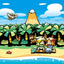  1boy 2girls :d ^_^ animal bad_id bad_pixiv_id beach bird blonde_hair blue_dress boots bush closed_eyes day dress egg facial_hair flower flying forest hair_flower hair_ornament hat hounori kaepora_gaebora link log marin_(zelda) mountain moustache multiple_girls nature open_mouth orange_hair outdoors owl palm_tree photoshop_(medium) pointy_ears shield sitting smile starfish tarin the_legend_of_zelda the_legend_of_zelda:_link&#039;s_awakening tree windfish&#039;s_egg yellow_eyes |_| 