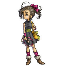  absurdres bag bare_arms bare_shoulders black_dress blue_dragon bow brown_eyes brown_footwear brown_hair dress female full_body hairbow highres holding kluke looking_away looking_to_the_side official_art pink_bow pink_legwear ponytail shoulder_bag simple_background sleeveless solo standing stethoscope toriyama_akira turtleneck turtleneck_dress white_background 