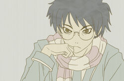  1boy black_hair brown_eyes commentary english_commentary glasses grey_background head_rest hitotoshite_jiku_ga_bureteiru itoshiki_nozomu katawa_shoujo male_focus md5_mismatch parody pimmy round_eyewear sayonara_zetsubou_sensei scarf school_uniform setou_kenji short_hair simple_background solo striped_clothes striped_scarf yamaku_high_school_uniform 