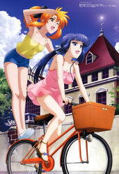  2girls :d ;d absurdres arm_support armpits asura_cryin&#039; bare_legs bicycle bicycle_basket black_ribbon blue_eyes blue_hair blue_sky blunt_bangs bow breasts brown_eyes building camisole casual cloud day denim denim_shorts dress footwear_bow full_body hair_ribbon highres imageboard_desourced komori_atsushi long_hair medium_breasts megami_magazine minakami_misao multiple_girls multiple_riders no_bra non-web_source official_art one_eye_closed open_mouth orange_hair outdoors pink_dress ponytail ribbon riding sandals shading_eyes shoes short_dress short_hair short_shorts shorts sidelocks sky small_breasts smile spaghetti_strap standing stucco takatsuki_kanade tree wall watermark window 