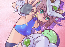  :o blush brown_hair commentary_request female flat_chest green_eyes gundam gundam_00 gundam_exia haro juubaori_mashumaro mecha midriff photoshop_(medium) robot solo 