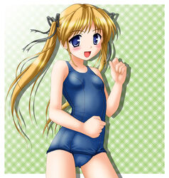  blonde_hair blue_eyes commentary_request female hair_ribbon long_hair neopure one-piece_swimsuit photoshop_(medium) ribbon school_swimsuit shibugaki_matsuri solo swimsuit tsuki_wa_higashi_ni_hi_wa_nishi_ni twintails 