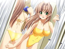  ass blush brown_hair butt_crack clockup curtain_grab curtains female fitting_room game_cg green_eyes imageboard_desourced long_hair mirror non-web_source one-piece_swimsuit presence reflection sasakawa_ai solo swimsuit takapiko trying_on_clothes 