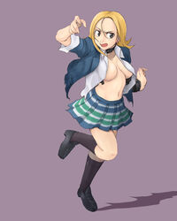  ahoge bad_id bad_pixiv_id black_socks blazer blonde_hair breasts choker cleavage female full_body jacket karukozaka_high_school_uniform large_breasts long_hair miniskirt naoyuki navel no_bra open_clothes open_mouth open_shirt pleated_skirt school_uniform shin_megami_tensei shin_megami_tensei:_if... shirakawa_yumi shirt shoes simple_background skirt socks solo standing torn_clothes 