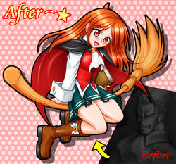  1boy book boots broom broom_riding capcom_fighting_jam cape commentary_request demitri_maximoff demon_girl fangs female genderswap_(mtf) long_hair midnight_bliss miniskirt orange_hair pleated_skirt red_eyes rule_63 shimusu sidesaddle skirt star_(symbol) vampire vampire_(game) 