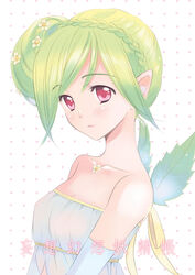  bare_shoulders copyright_request cover elbow_gloves fairy female flower gloves green_hair kazuto_izumi photoshop_(medium) plant_wings pointy_ears red_eyes solo wings 