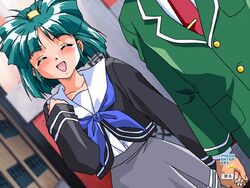  1990s_(style) 1boy blush female game_cg green_hair green_shirt hibikino_high_school_uniform holding_hands kokura_masashi retro_artstyle sakura_kaedeko school_uniform shirt tokimeki_memorial tokimeki_memorial_2 watase_kouichi 