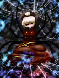  arms_up arugeri blonde_hair blush_stickers bow brown_eyes bug commentary_request dress female grin hair_bun hairbow kurodani_yamame photoshop_(medium) short_hair silk single_hair_bun smile smirk solo spider spider_web squinting touhou uneven_eyes 