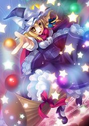  bad_id bad_pixiv_id blonde_hair braid broom broom_riding danmaku female finger_gun hat kirisame_marisa magic_circle no_pupils orrery perfect_cherry_blossom pointing pointing_at_viewer rie_(reverie) scarf short_hair solo star_(symbol) touhou witch_hat yellow_eyes 