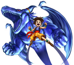  1boy :d blue_dragon brown_eyes brown_hair clenched_hands commentary_request dragon jumping looking_at_viewer male_focus mayata monster open_mouth sharp_teeth shu_(blue_dragon) simple_background smile solo teeth white_background 