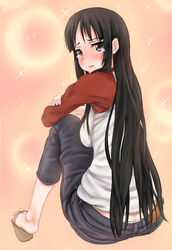  akiyama_mio bad_id bad_pixiv_id black_eyes black_hair blush butt_crack commentary_request denim downpants female jeans k-on! long_hair looking_back panties pants panty_peek raglan_sleeves sandals scharfschutze sitting solo tears underwear 