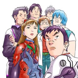  20th_century_boys 3girls 4boys aida_kensuke ayanami_rei blue_hair brown_hair commentary commentary_request endou_kenji freckles fukubei glasses horaki_hikari ikari_shinji interface_headset kurou_(kinkuro) maruo_(20th_century_boys) multiple_boys multiple_girls nagisa_kaworu neon_genesis_evangelion ochiai_chouji parody plugsuit school_uniform setoguchi_yukiji shimon_masaaki souryuu_asuka_langley style_parody suzuhara_touji tokyo-3_middle_school_uniform urasawa_naoki_(style) yoshitsune_(20th_century_boys) 