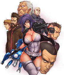  6+boys ahoge bad_id bad_pixiv_id bald batou_(gits) beard belt black_hair black_jacket boma_(gits) breasts brown_hair cigarette cleavage closed_mouth collarbone covered_navel cowboy_shot curvy cybernetic cyborg everyone facial_hair female fingerless_gloves frown ghost_in_the_shell ghost_in_the_shell_stand_alone_complex gloves groin gun handgun head_tilt highleg highleg_leotard holding holding_gun holding_weapon ibanen ishikawa_(gits) jacket kusanagi_motoko large_breasts leaning leather leather_jacket leotard looking_at_viewer looking_to_the_side loose_belt mecha mouth_hold multiple_boys open_clothes open_jacket outline parted_lips paz_(gits) ponytail purple_hair red_eyes robot saitou_(gits) serious short_hair sideburns simple_background skin_tight smoking standing strapless strapless_leotard tachikoma tan thighhighs thighs togusa_(gits) trigger_discipline upper_body weapon white_hair wind wind_lift 