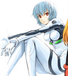  ayanami_rei blue_hair bodysuit female homunculus_(alchemynote) neon_genesis_evangelion photoshop_(medium) plugsuit red_eyes short_hair sitting solo white_bodysuit 