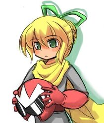  artist_request blonde_hair cosplay female green_eyes hair_ribbon helmet mega_man_(classic) mega_man_(series) proto_man proto_man_(cosplay) ribbon roll_(mega_man) scarf solo 