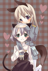  2girls animal_ears bad_id bad_pixiv_id black_pantyhose blue_eyes blush cat_ears cat_girl cat_tail couple eila_ilmatar_juutilainen fox_ears fox_girl fox_tail green_eyes grey_hair hug multiple_girls pantyhose sanya_v._litvyak short_hair spica_(clover4) strike_witches tail uniform white_pantyhose world_witches_series yuri 