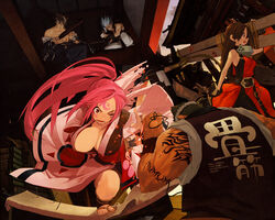  2girls 3boys anchor baiken breasts chipp_zanuff cleavage guilty_gear guilty_gear_xx japanese_clothes johnny_(guilty_gear) kataginu kimono large_breasts may_(guilty_gear) mito_anji multiple_boys multiple_girls photoshop_(medium) pink_eyes pink_hair ponytail scar tattoo unaji wince 