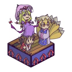  3girls :3 animal_ears animal_hat bad_id bad_pixiv_id blonde_hair brown_hair cat_ears cat_tail chen chibi commentary_request fox_tail gap_(touhou) hands_in_opposite_sleeves hat isometric long_sleeves mob_cap multiple_girls multiple_tails nekomata rodney_(melagal) shoes short_hair socks tail tassel touhou transparent_background two_tails umbrella wide_sleeves yakumo_ran yakumo_yukari 