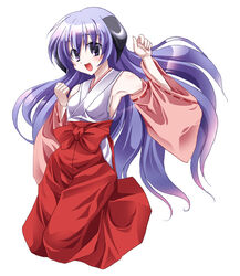  armpits bare_shoulders bikuto_ryuu commentary_request detached_sleeves female hakama hakama_skirt hanyuu higurashi_no_naku_koro_ni horns japanese_clothes jumping long_hair miko open_mouth purple_eyes purple_hair red_hakama simple_background skirt smile solo very_long_hair 