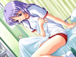  artist_request bed bed_sheet buruma female game_cg gym_uniform hand_on_own_chest himekawa_kotone indoors infirmary pillow privacy_screen purple_hair red_buruma red_eyes shirt short_sleeves sitting slippers socks solo thighs to_heart to_heart_(series) white_footwear white_shirt 