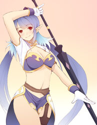  blue_hair commentary_request female gloves judith_(tales) lance long_hair midriff photoshop_(medium) pointy_ears polearm red_eyes smile solo syacyo tales_of_(series) tales_of_vesperia thighhighs weapon 