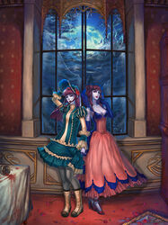  2girls aristocratic_clothes bad_id bad_pixiv_id blood bonnet boots breasts broken_glass broken_mirror castlevania:_portrait_of_ruin castlevania_(series) chalice cleavage cloud cup dress elbow_gloves flower forest frills glass gloves goenitzchild heterochromia high_heels highres large_breasts lips lipstick long_hair loretta_lecarde makeup mirror moon moonlight multiple_girls nature pale_skin pantyhose petals photoshop_(medium) purple_hair rose shoes siblings signature skirt sky spill stella_lecarde table twins vampire window 