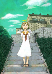  angel angel_wings brown_hair commentary feathered_wings female haibane_renmei halo happy highres lolicon naotan rakka_(haibane) sandals short_hair solo stairs wings 