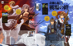  2boys 2girls absurdres ahoge alicia_melchiott back bandana bare_shoulders belt black_hair blonde_hair boots breasts brown_eyes brown_hair cloud coat day dress epaulettes flag floating_hair fur_trim garrison_cap gloves grey_hair gun hand_on_headphones hat hatch headphones highres holding holding_weapon large_breasts laurel_crown lipstick long_hair looking_at_viewer looking_back magazine_scan makeup maximilian military military_uniform military_vehicle motor_vehicle multiple_boys multiple_girls necktie official_art outdoors page_number red_eyes rifle scan selvaria_bles senjou_no_valkyria_(series) senjou_no_valkyria_1 serious short_hair sky striped sword talking tank text_focus thighhighs trench_coat twintails uniform very_long_hair watanabe_atsuko weapon welkin_gunther zettai_ryouiki 