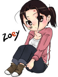  73_(826616) animification bad_id bad_pixiv_id bandaid bandaid_on_face brown_eyes brown_hair chibi female left_4_dead lowres ponytail solo zoey_(left_4_dead) 