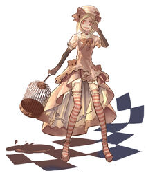  bad_id bad_pixiv_id beret birdcage blonde_hair cage commentary_request crazy_eyes dress elbow_gloves female frills gloves hat lambdadelta lololo orange_eyes pink_dress ribbon short_hair smile solo striped_clothes striped_thighhighs thighhighs too_many too_many_frills umineko_no_naku_koro_ni white_background 