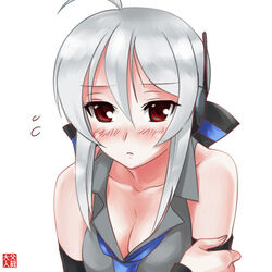  ahoge bare_shoulders black_sleeves blue_necktie blush bow breasts cleavage commentary_request detached_sleeves female grey_hair grey_shirt headset holding_own_arm large_breasts necktie otosama photoshop_(medium) ponytail red_eyes ribbon shirt simple_background sleeveless sleeveless_shirt solo striped_bow vocaloid white_background yowane_haku 