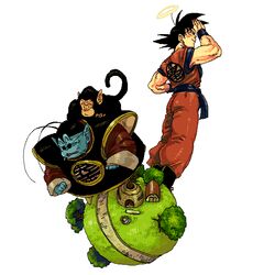  2boys black_hair bubbles_(dragon_ball) clothes_writing commentary_request dragon_ball dragon_ball_z male_focus monkey multiple_boys nitako north_kaiou north_kaiou&#039;s_planet oekaki on_mini_planet son_goku 