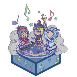  3girls ^_^ bad_id bad_pixiv_id blonde_hair blue_hair brown_hair chibi closed_eyes commentary_request hat instrument isometric keyboard_(instrument) lunasa_prismriver lyrica_prismriver merlin_prismriver multiple_girls rodney_(melagal) siblings sisters touhou transparent_background trumpet violin 