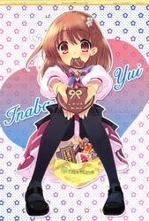  absurdres ahoge black_thighhighs blush brown_eyes brown_hair chocolate crease dengeki_hime english_text female flyable_heart gift hair_ornament hairclip heart heart_ahoge highres holding holding_gift inaba_yui incoming_gift ito_noizi marble_chocolate mouth_hold ootoriryouran_gakuen_school_uniform scan school_uniform sitting skirt smile solo thighhighs 