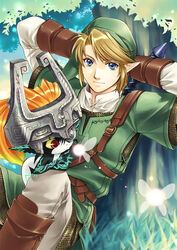  1boy blonde_hair blue_eyes commentary_request fairy female gloves link master_sword md5_mismatch midna photoshop_(medium) pointy_ears red_eyes satsuki_yuu_(awairo) smile sword the_legend_of_zelda the_legend_of_zelda:_twilight_princess weapon 