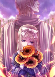  1boy axis_powers_hetalia back back-to-back bad_id bad_pixiv_id belarus_(hetalia) blonde_hair blue_eyes couple female flower gloves hair_ribbon height_difference highres long_hair naughty_face petals ribbon russia_(hetalia) sasano_shiki siblings sky smile straight sunflower tall 