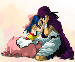  1boy bad_id bad_pixiv_id blue_hair bow closed_eyes comforting commentary_request couple dragon_quest dragon_quest_v dress female flora_(dq5) hairbow half_updo hand_on_another&#039;s_head hand_on_hand hero_(dq5) hidaka_ryou holding_hands hug husband_and_wife jewelry kneeling ornate_ring pink_bow ring straight tears wedding_ring 