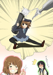  2girls akiyama_mio brown_eyes brown_hair commentary_request desperado grin guitar_case gun hirasawa_yui imagining instrument_case k-on! multiple_girls pantyhose parody sakuragaoka_high_school_uniform saliva school_uniform short_hair smile smoke standing thumbs_up translated weapon winter_uniform yokoshima_(euphoria) 