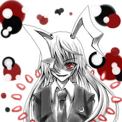  @_@ animal_ears blazer blood bullet commentary_request crazy_smile danmaku female horror_(theme) jacket kisaragi_you long_hair lowres monochrome necktie one-eyed rabbit_ears red_eyes reisen_udongein_inaba smile solo spot_color touhou 